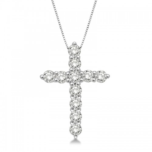 14K White Gold Diamond Cross Pendant on Chain