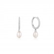 14KT White Gold Pearl Drop And White Sapphire Huggie Hoop Earrings-1