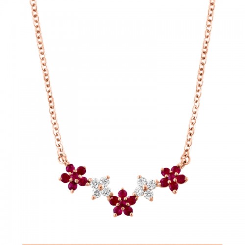 14K Rose Gold Ruby and Diamond Flower Necklace