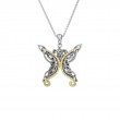 Sterling Silver Rhodium 10k Yellow with White CZ Barked Butterfly Pendant-1