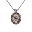 Sterling Silver 14k Gilded Synthetic Blue Sapphire & CZ Oval Filigree Shield Pendant-1