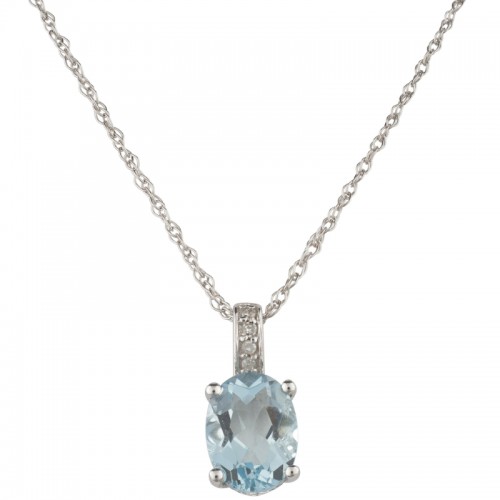 14K White Gold Aquamarine and Diamond Pendant On Chain