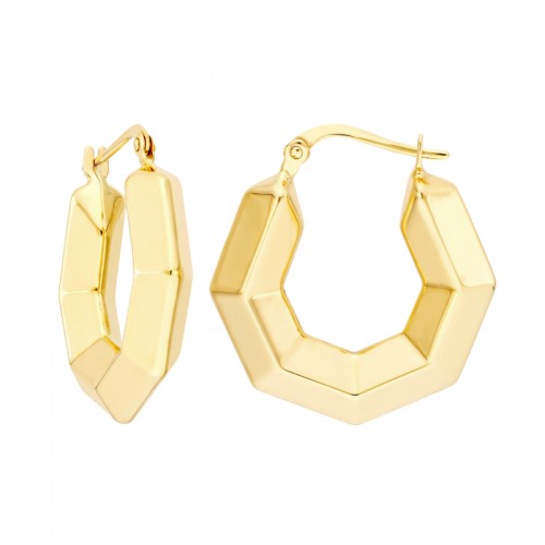 14K Yellow Gold 3D Hexagon Hoop Earrings