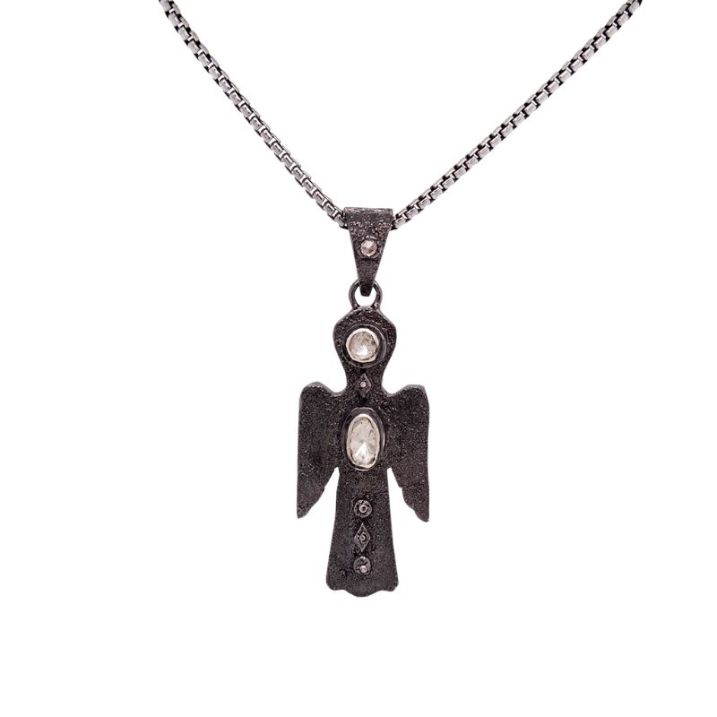 Sterling Silver Raw Diamond .3ctw Black Rhodium Angel Large Pendant