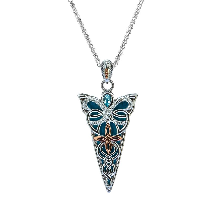 Sterling Silver 10k Rose Sky Blue Topaz & Sky Blue Enamel with Black & White CZ Reversible Butterfly Pendant