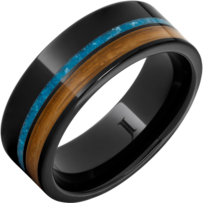 Barrel Aged™ Black Diamond Ceramic™ Ring with Cognac Wood and Turquoise Inlays