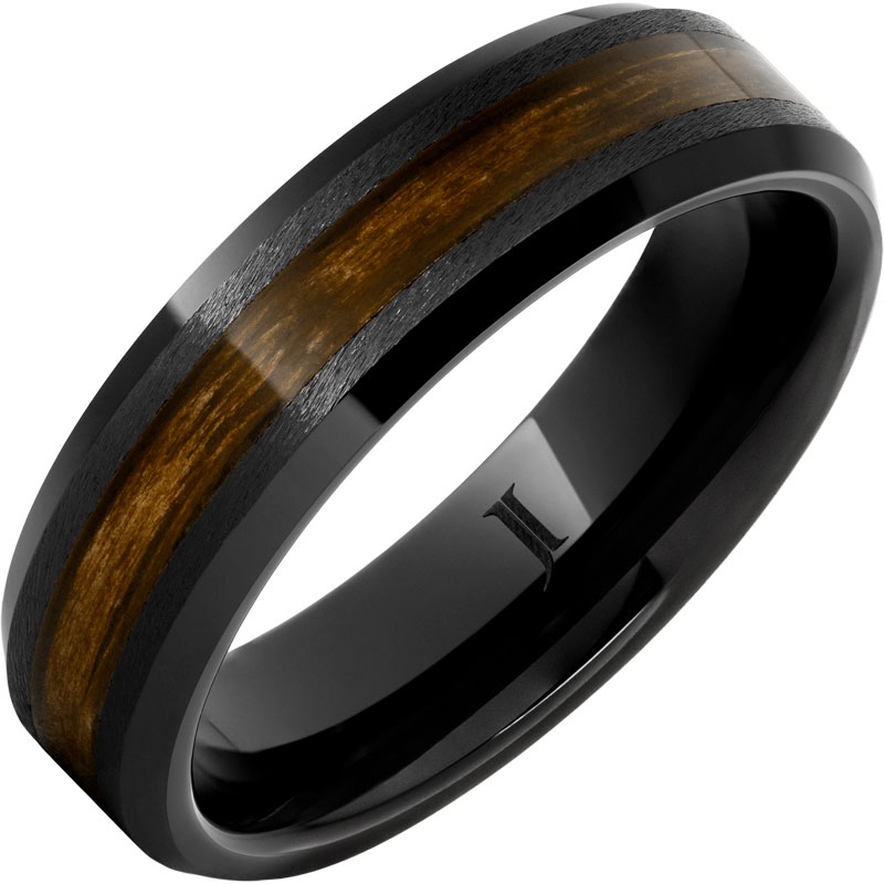 Barrel Aged™ Black Diamond Ceramic™ Ring with Bourbon Wood Inlay and Grain Finish