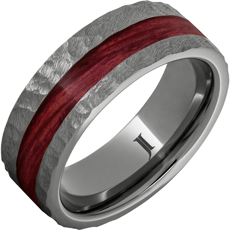 Barrel Aged™ Rugged Tungsten™ Ring with Cabernet Wood Inlay and Moon Crater Carving