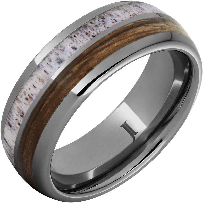 Barrel Aged™ Rugged Tungsten™ Ring with Bourbon Barrel Wood and Antler Inlays